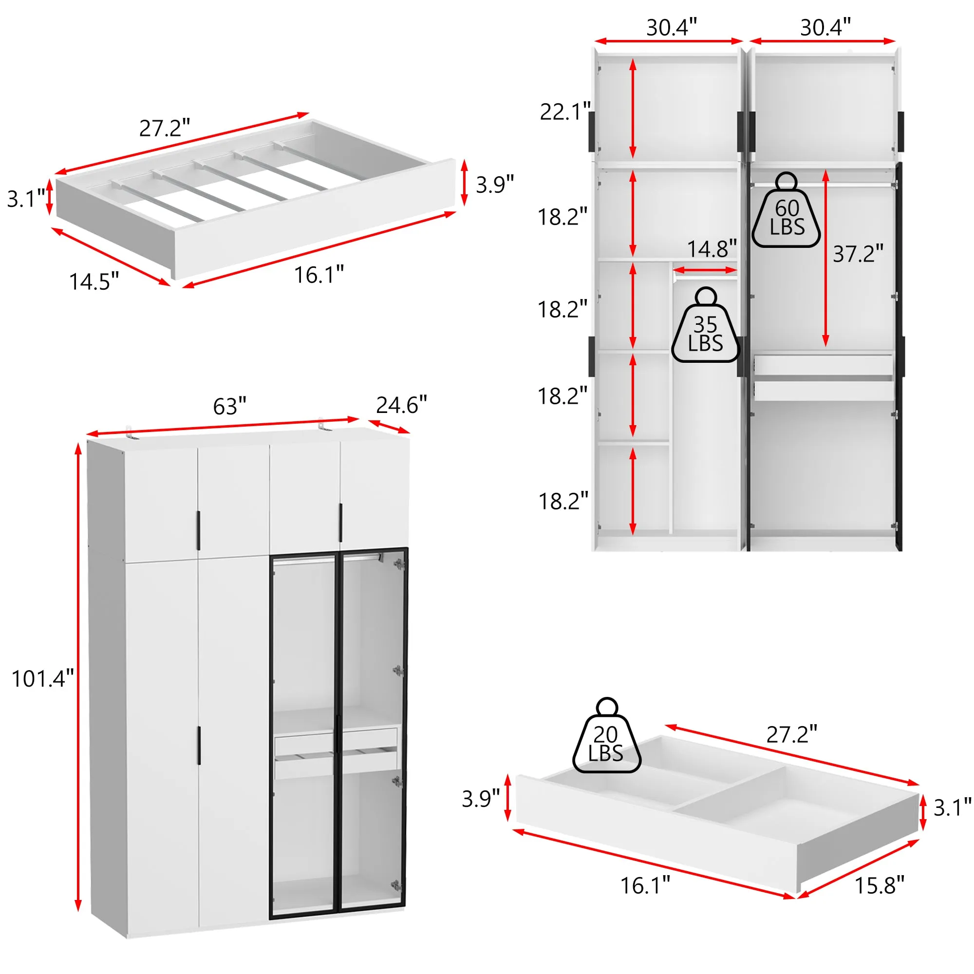 101.4'' H X 63'' W X 24.6'' D 8 Doors White Armoire With 2 Glass Door & Drawer