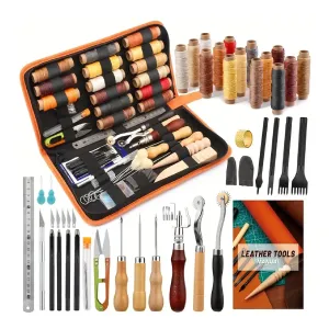 50pcs Leather Working Tools, Leather Tool Kit, Practical Leather Craft Kit With Waxed Thread Groover Awl Stitching Punch Hole For Leathercraft Beginner Or Adults Gifts - Comes With Tool Manual