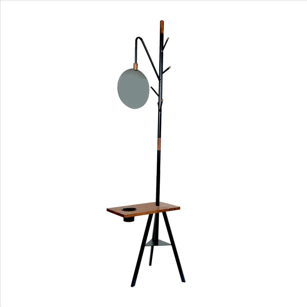 84 Inch Metal Coat Rack, Built In Mirror and Acacia Wood Accessory Table, Brown, Black By The Urban Port