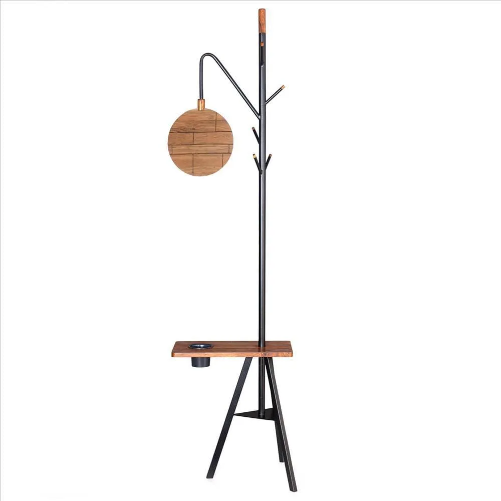 84 Inch Metal Coat Rack, Built In Mirror and Acacia Wood Accessory Table, Brown, Black By The Urban Port