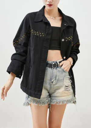 Black Sequins Patchwork Denim Coats Fall