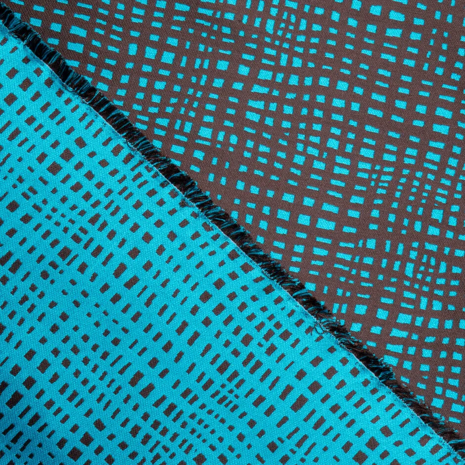 Chocolate Brown & Turquoise Grid Reversible Brocade