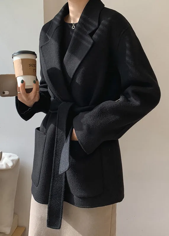 DIY Black Notched Tie Waist Solid Woolen Coats Fall