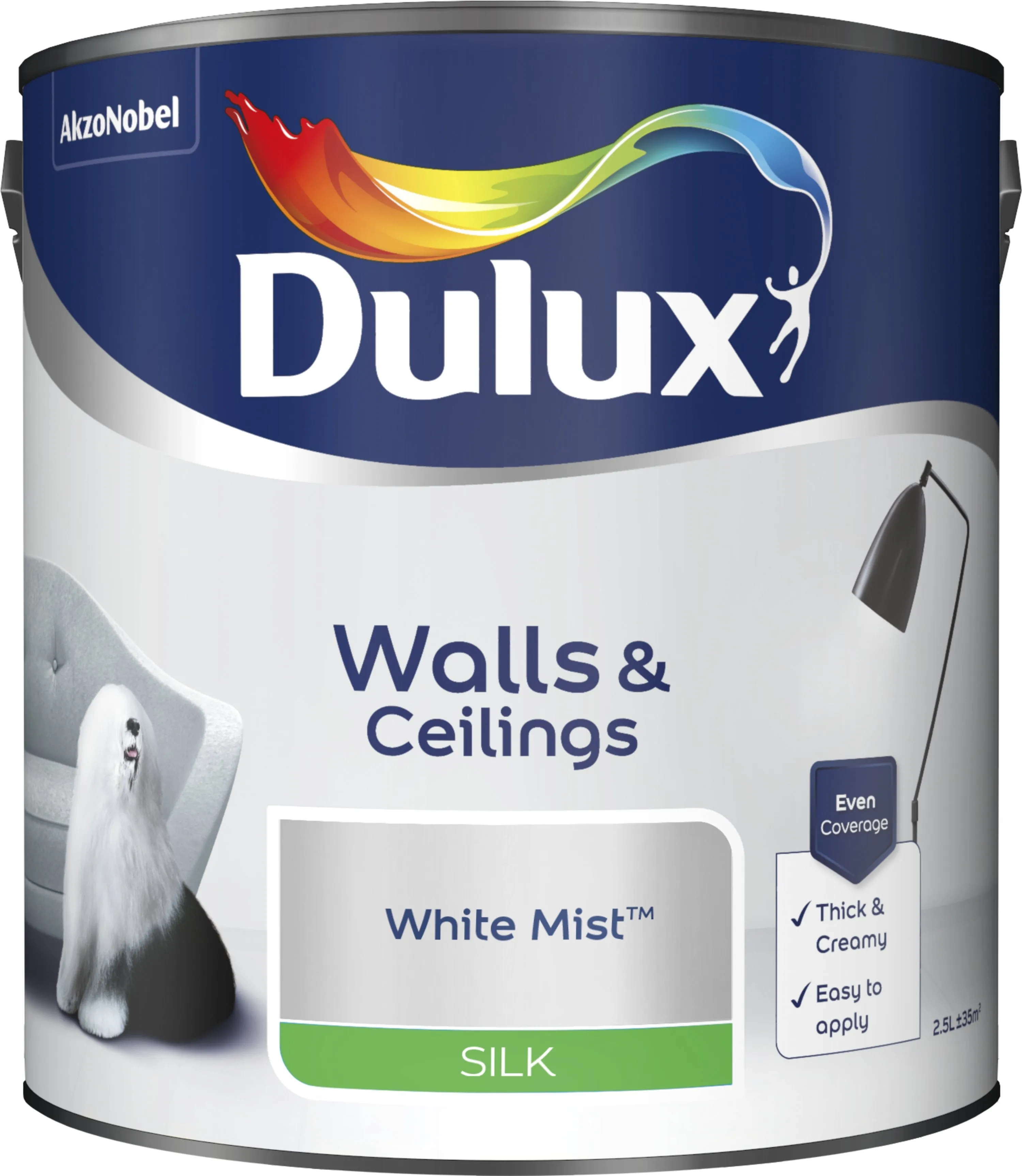 Dulux Silk Emulsion Paint For Walls And Ceilings - White Mist 2.5L