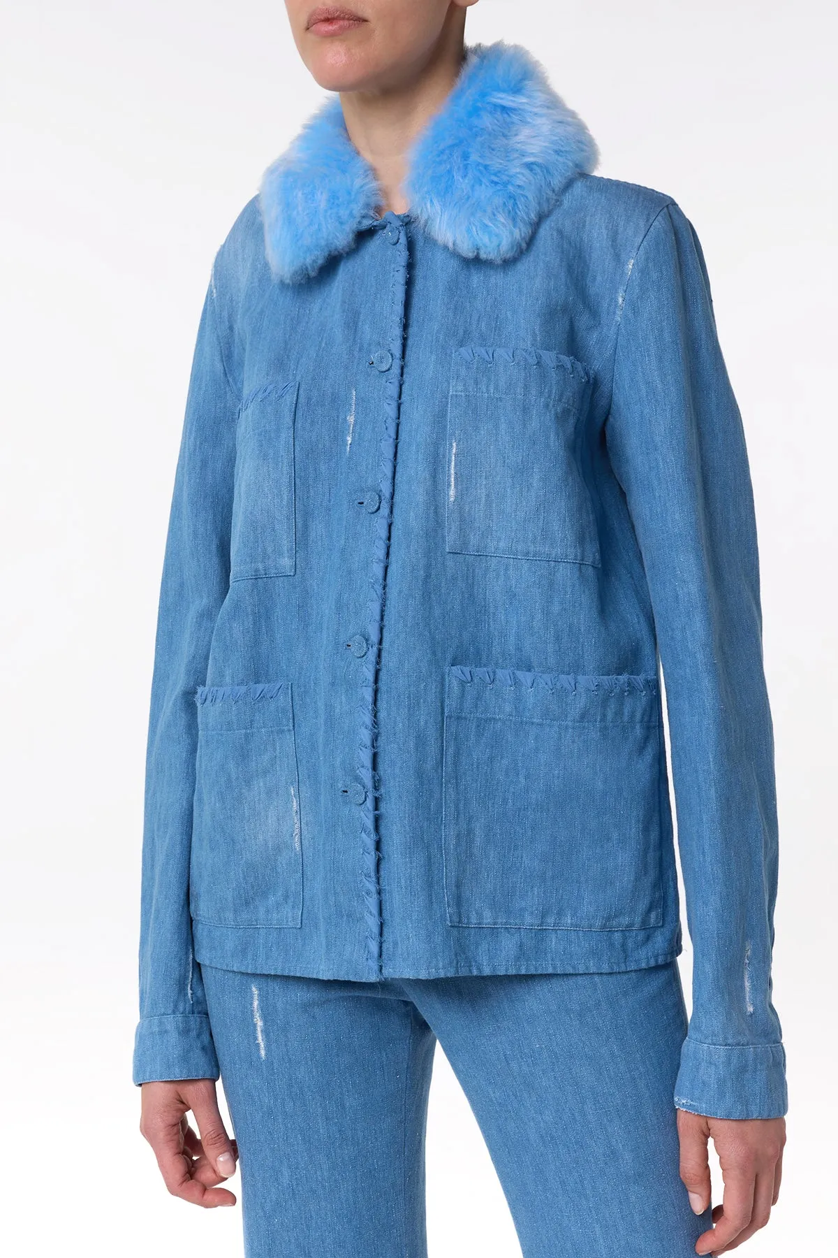 Fosse Chore Jacket in Light Blue Recycled Cotton Linen Denim