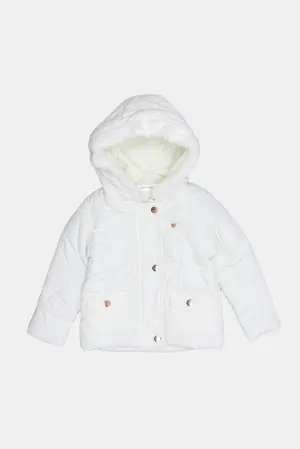 Infant Girls Ivory Padded Coat With Fur Hood