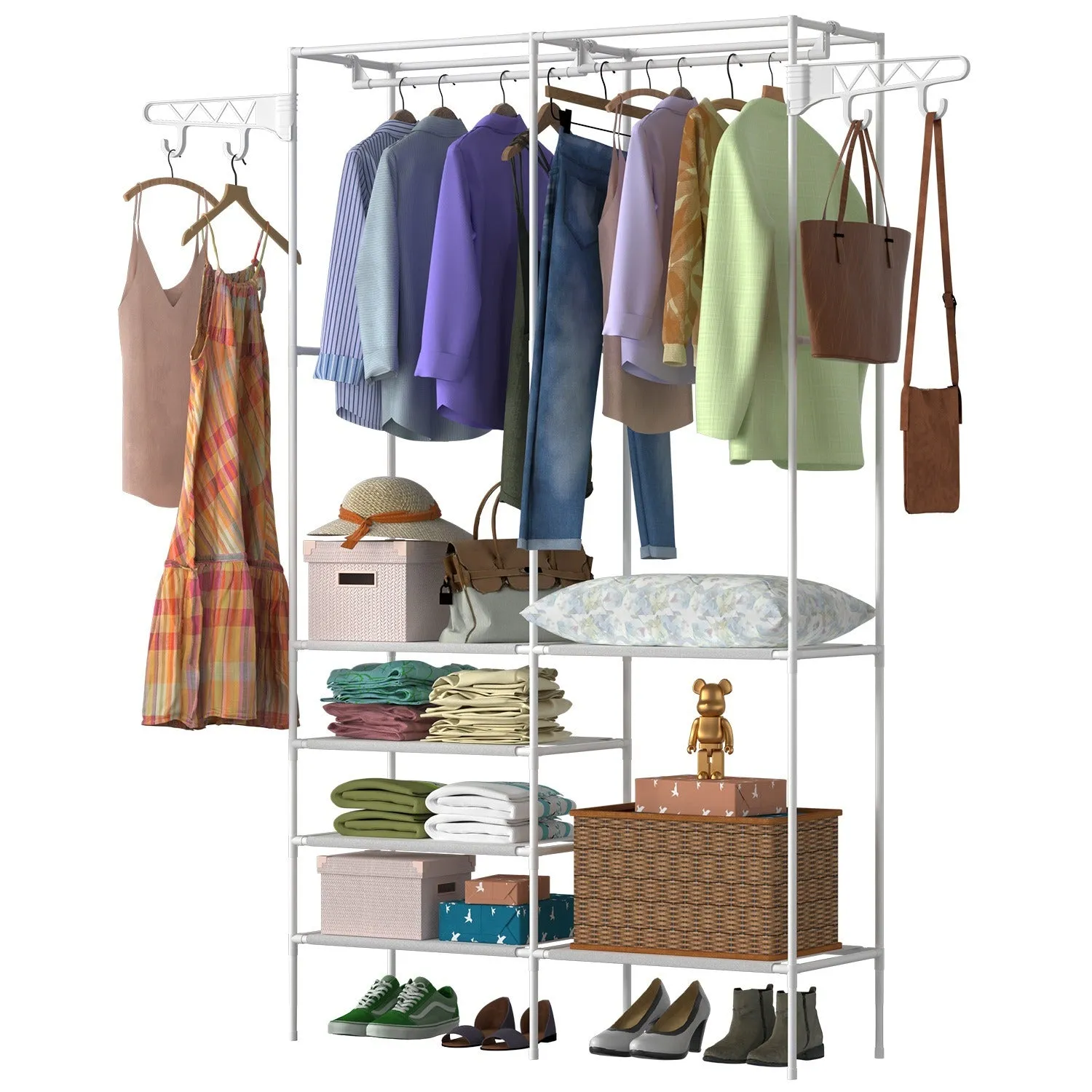 Multifunctional Metal Garment Rack with Clothing and Shoe Organizer Shelves