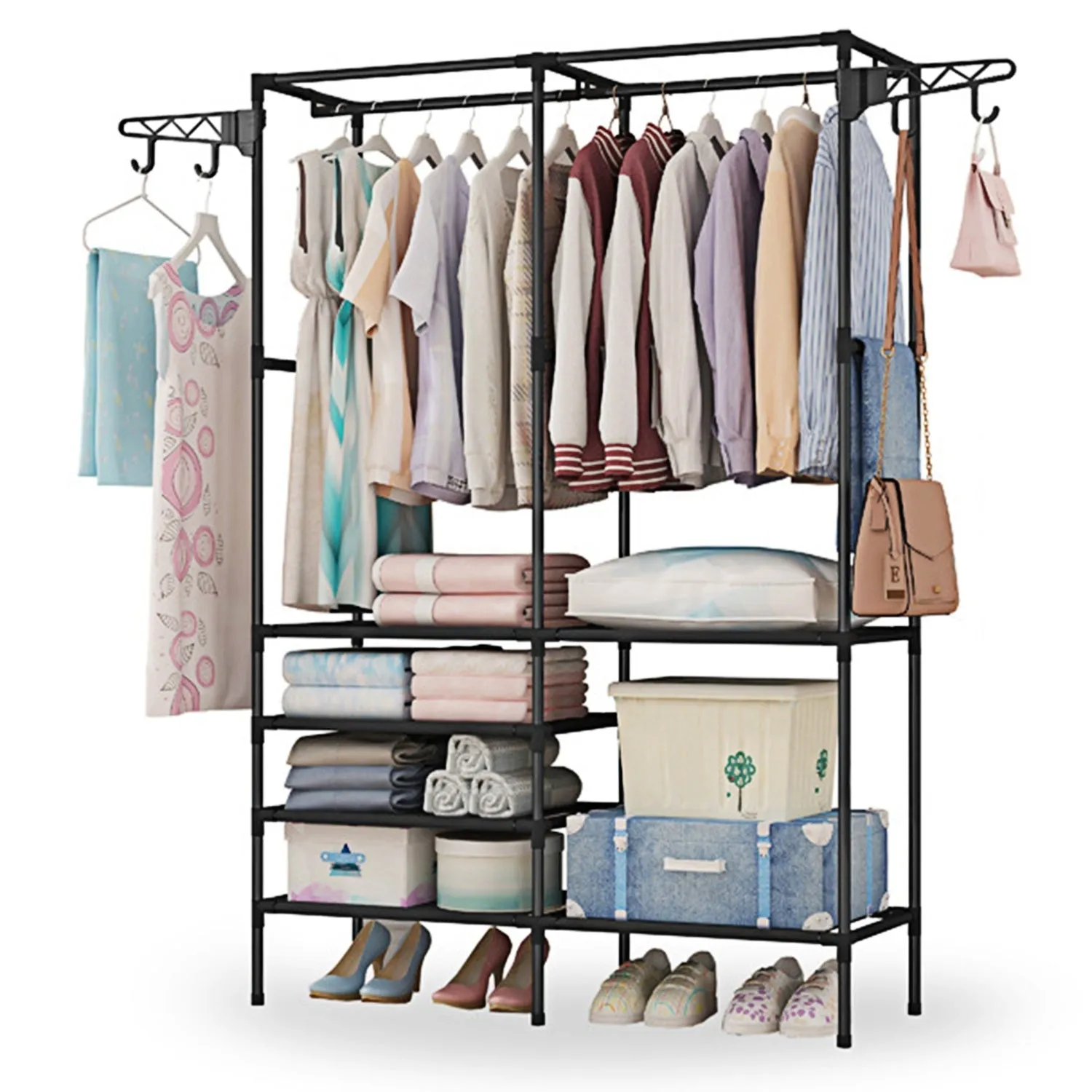 Multifunctional Metal Garment Rack with Clothing and Shoe Organizer Shelves