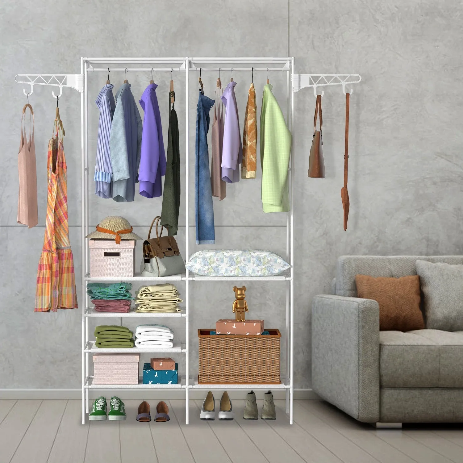 Multifunctional Metal Garment Rack with Clothing and Shoe Organizer Shelves