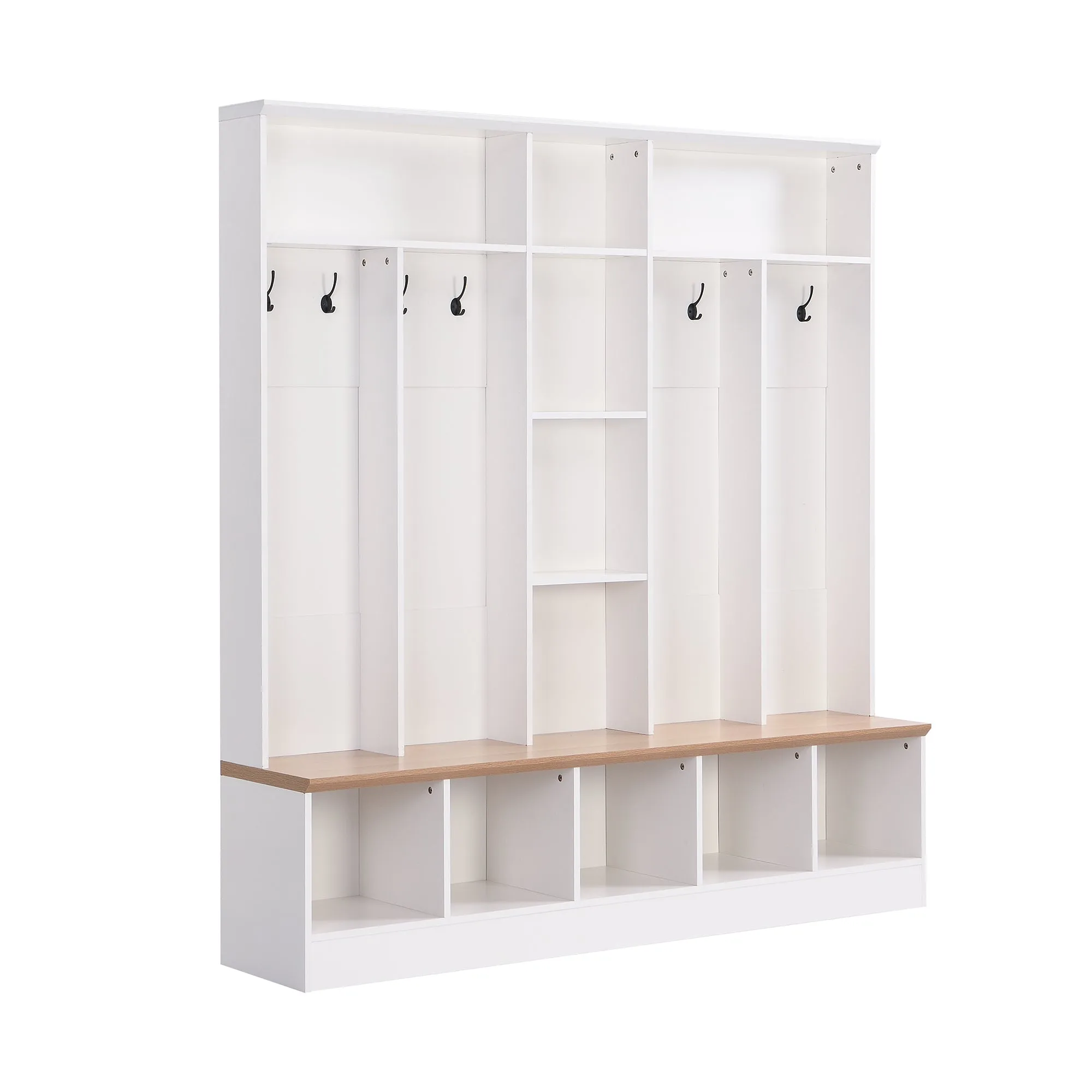 ON-TREND Wide Design Hall Tree with Storage Bench, Minimalist Shoe Cabinet with Cube Storage & Shelves, Multifunctional Coat Rack with 8 Hooks for Entryways, Mudroom, White