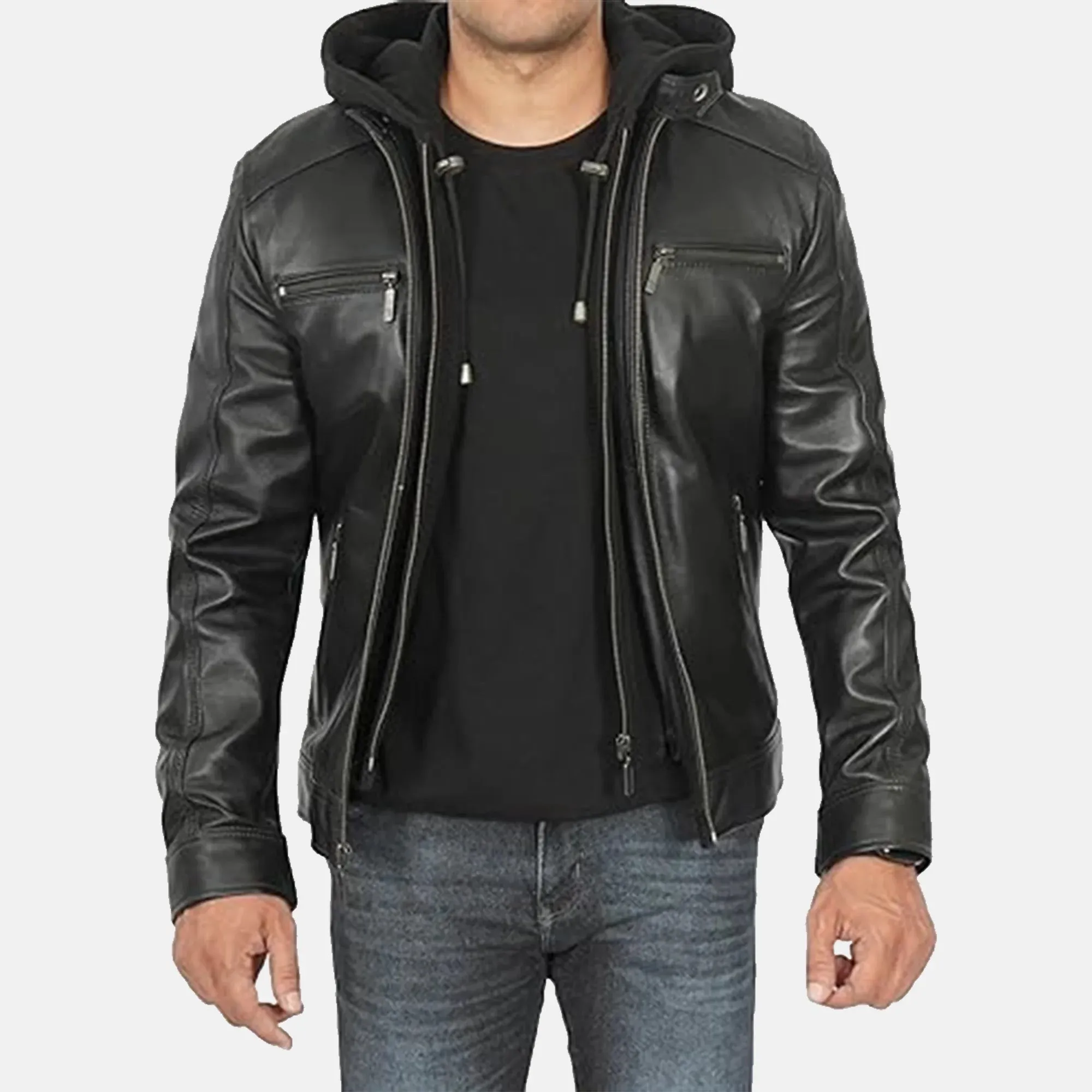 Sable Mirage Black Leather Jacket with Hood