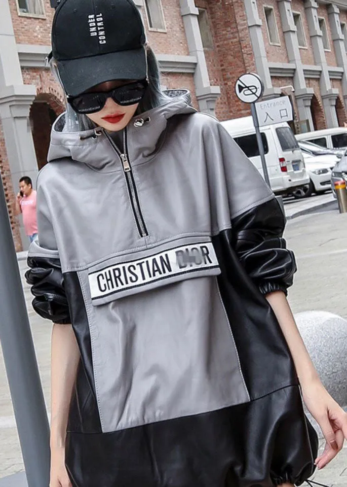 Streetwear Black Grey Hooded Patchwork Drawstring Leather Pullover Coats Long Sleeve