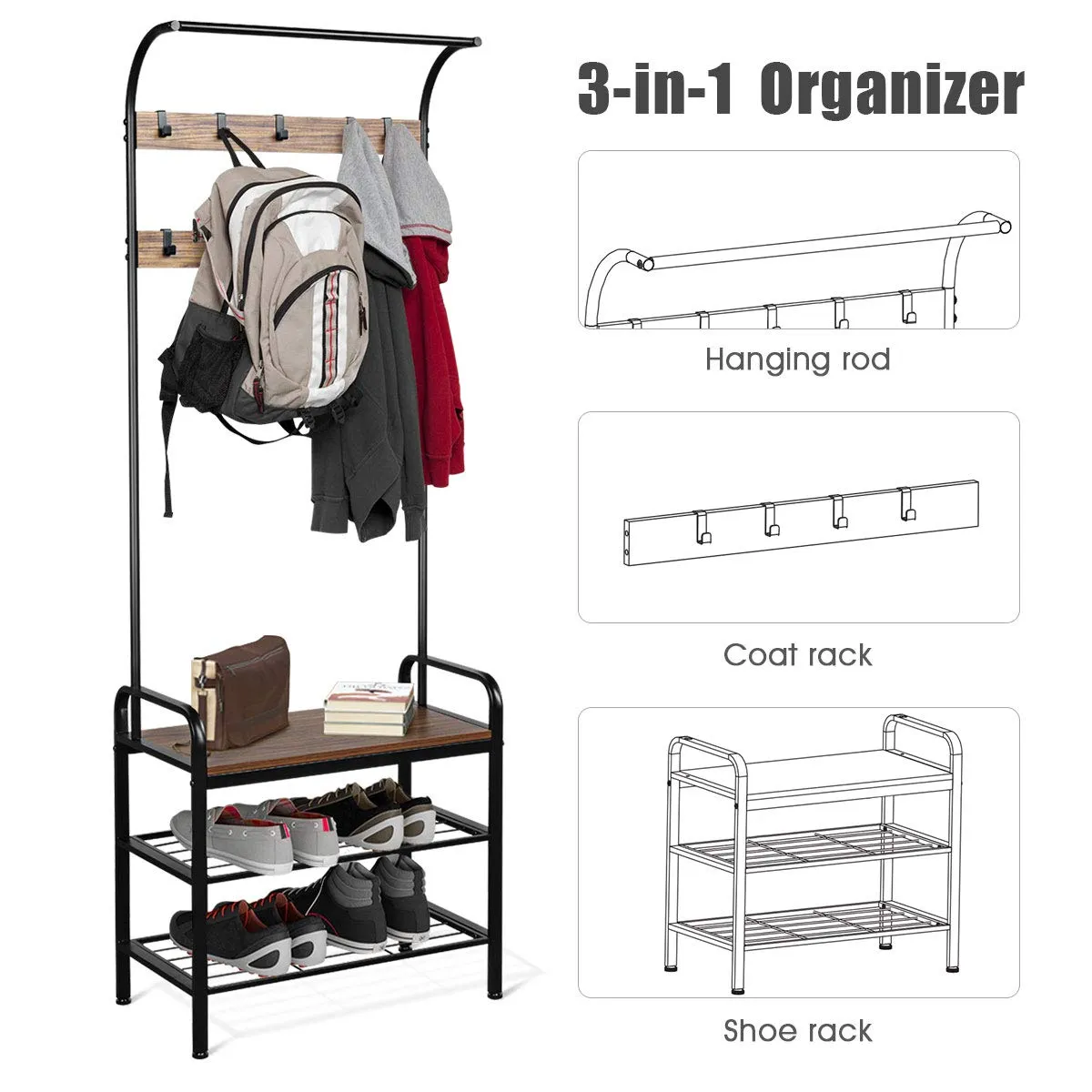 Tangkula 3-in-1 Industrial Hall Tree, 72.5 Inches Shoe Coat Rack Bench w/ Storage Shelf, 9 Hanging Hooks (Brown)