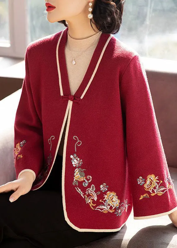 Vintage Red Embroideried Oriental Button Woolen Coats Long Sleeve