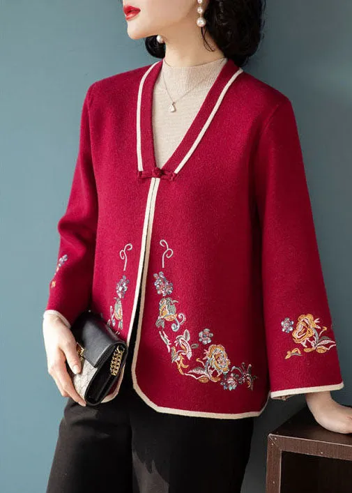 Vintage Red Embroideried Oriental Button Woolen Coats Long Sleeve