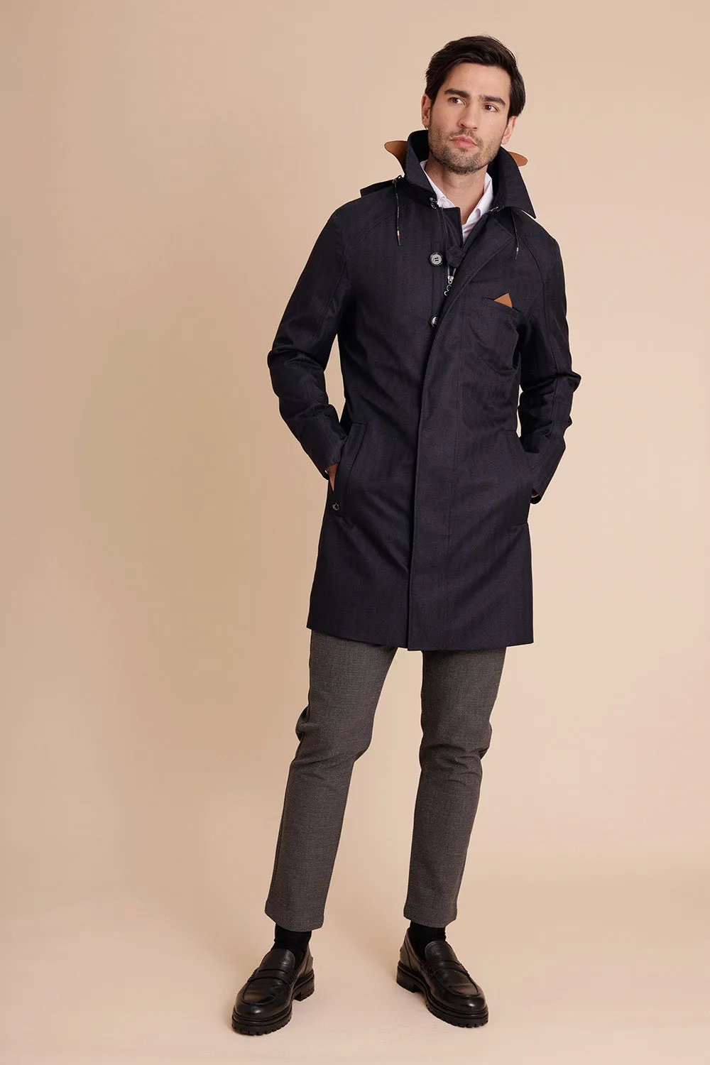 Waterproof Men's Rain Trenchcoat - Navy Blue Herringbone