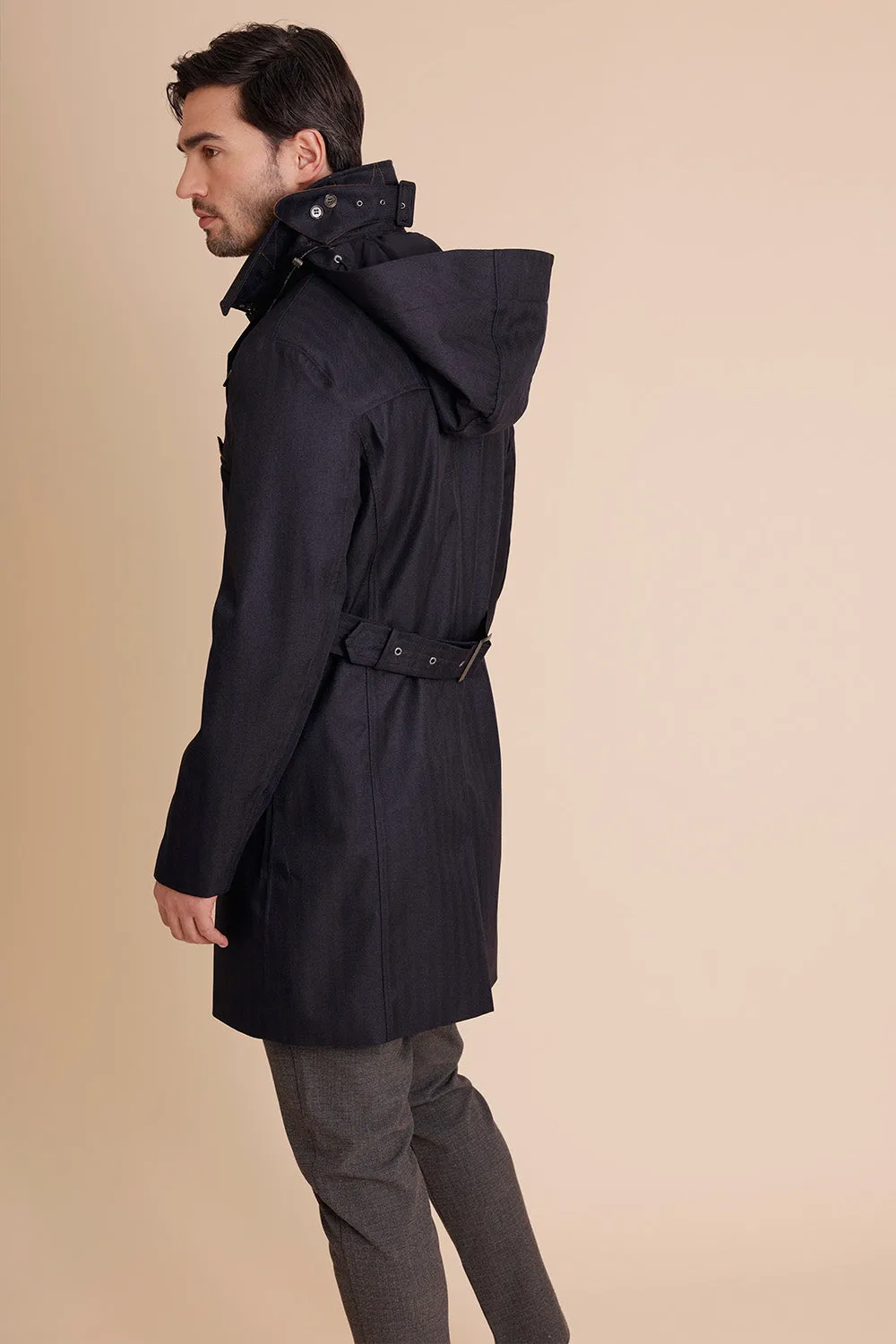 Waterproof Men's Rain Trenchcoat - Navy Blue Herringbone