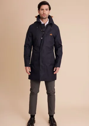 Waterproof Men's Rain Trenchcoat - Navy Blue Herringbone