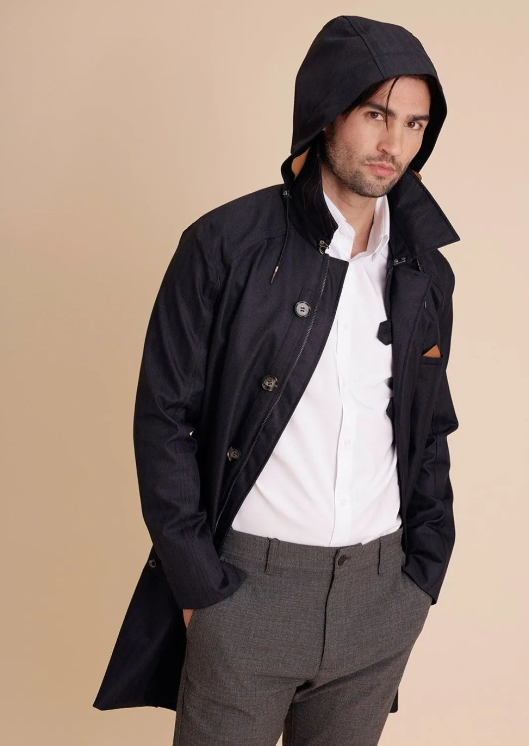 Waterproof Men's Rain Trenchcoat - Navy Blue Herringbone