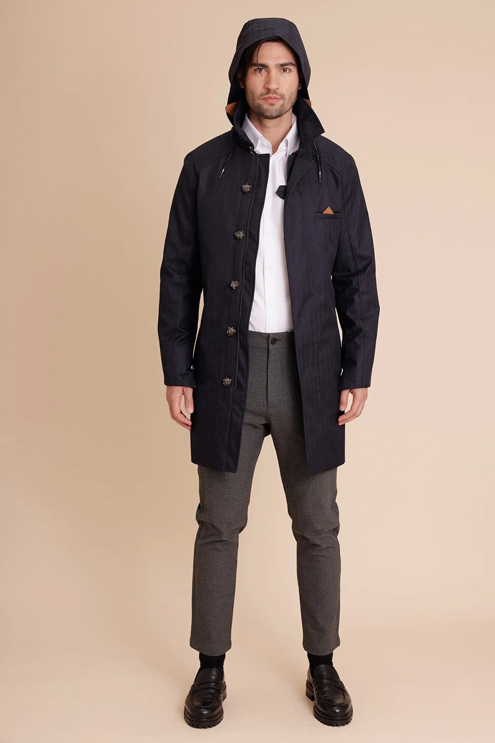 Waterproof Men's Rain Trenchcoat - Navy Blue Herringbone