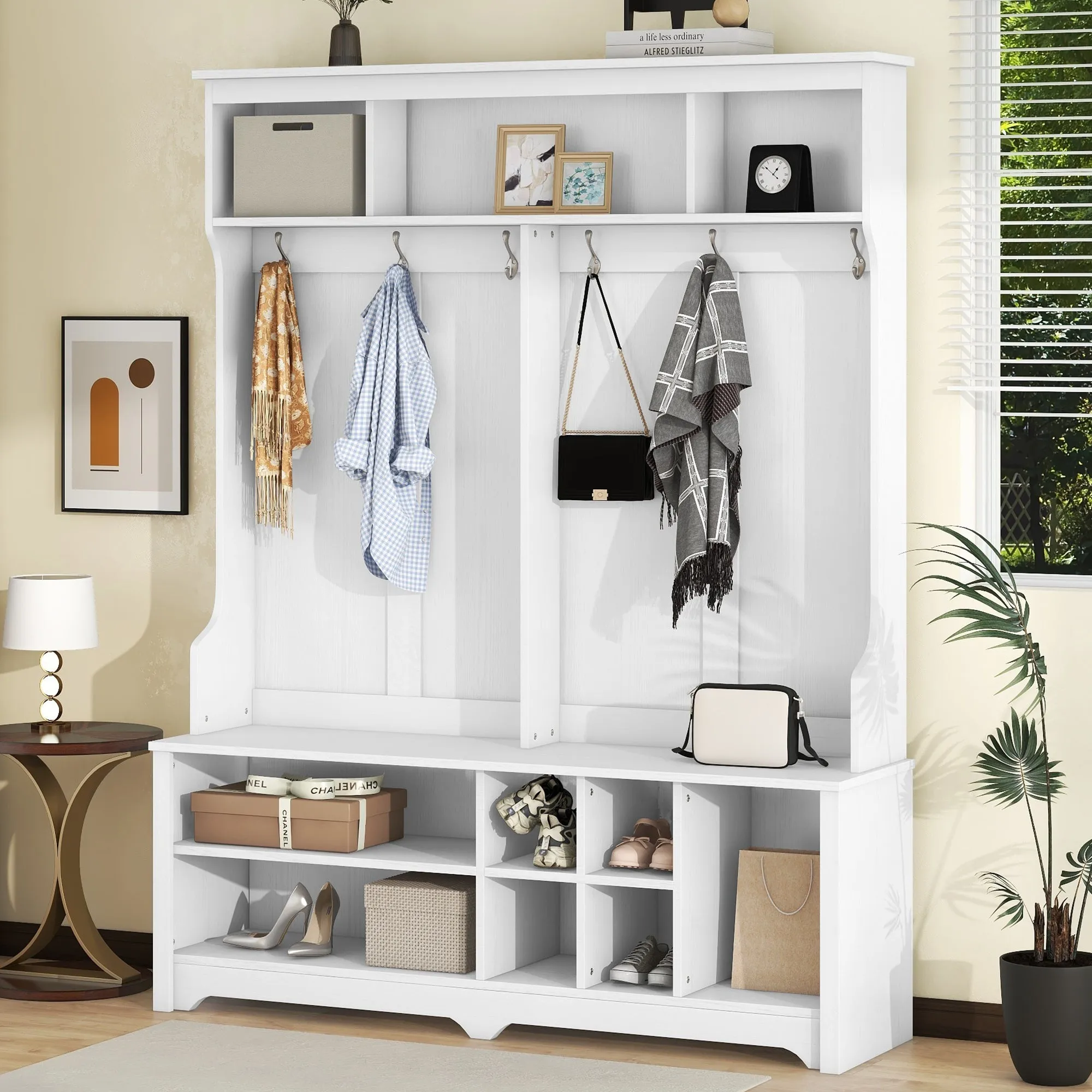 White Multi-Functional Hall Tree: Metal Hooks, Storage, Shoe Cubbies