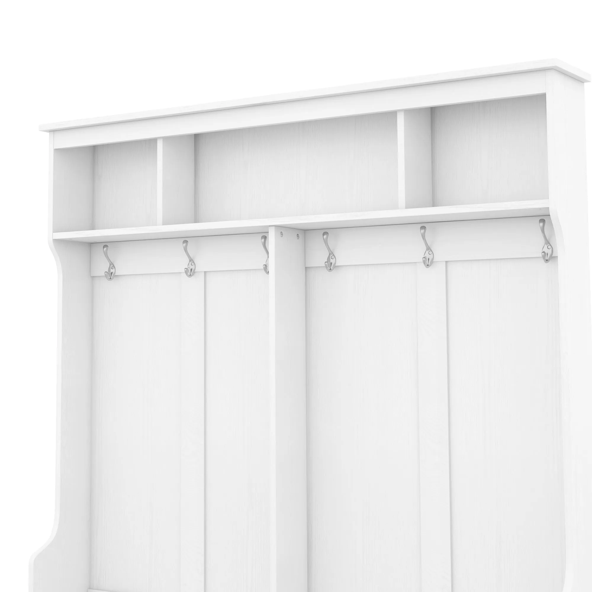 White Multi-Functional Hall Tree: Metal Hooks, Storage, Shoe Cubbies