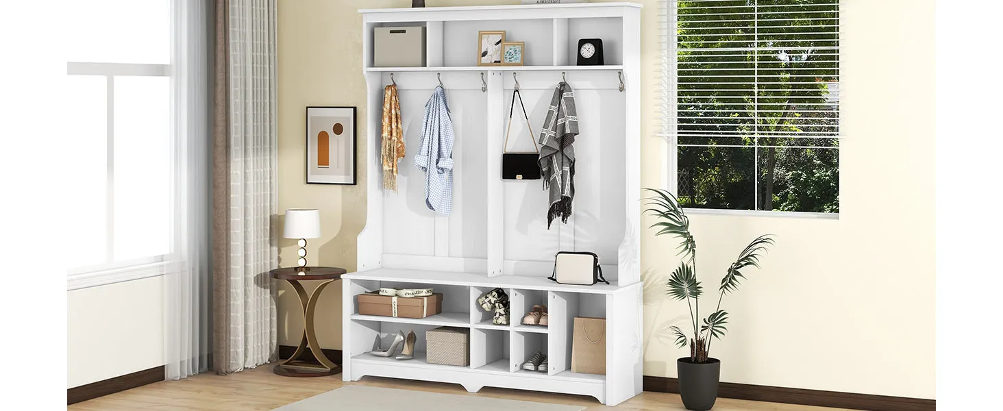 White Multi-Functional Hall Tree: Metal Hooks, Storage, Shoe Cubbies