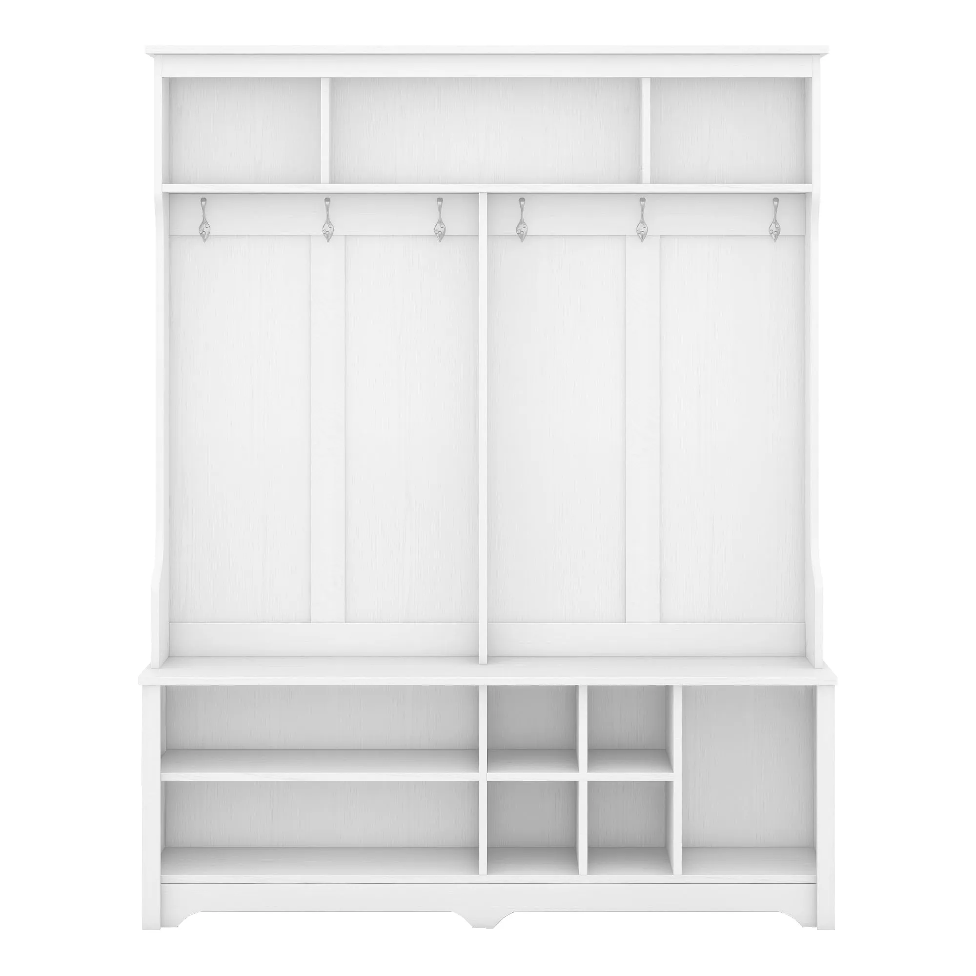 White Multi-Functional Hall Tree: Metal Hooks, Storage, Shoe Cubbies