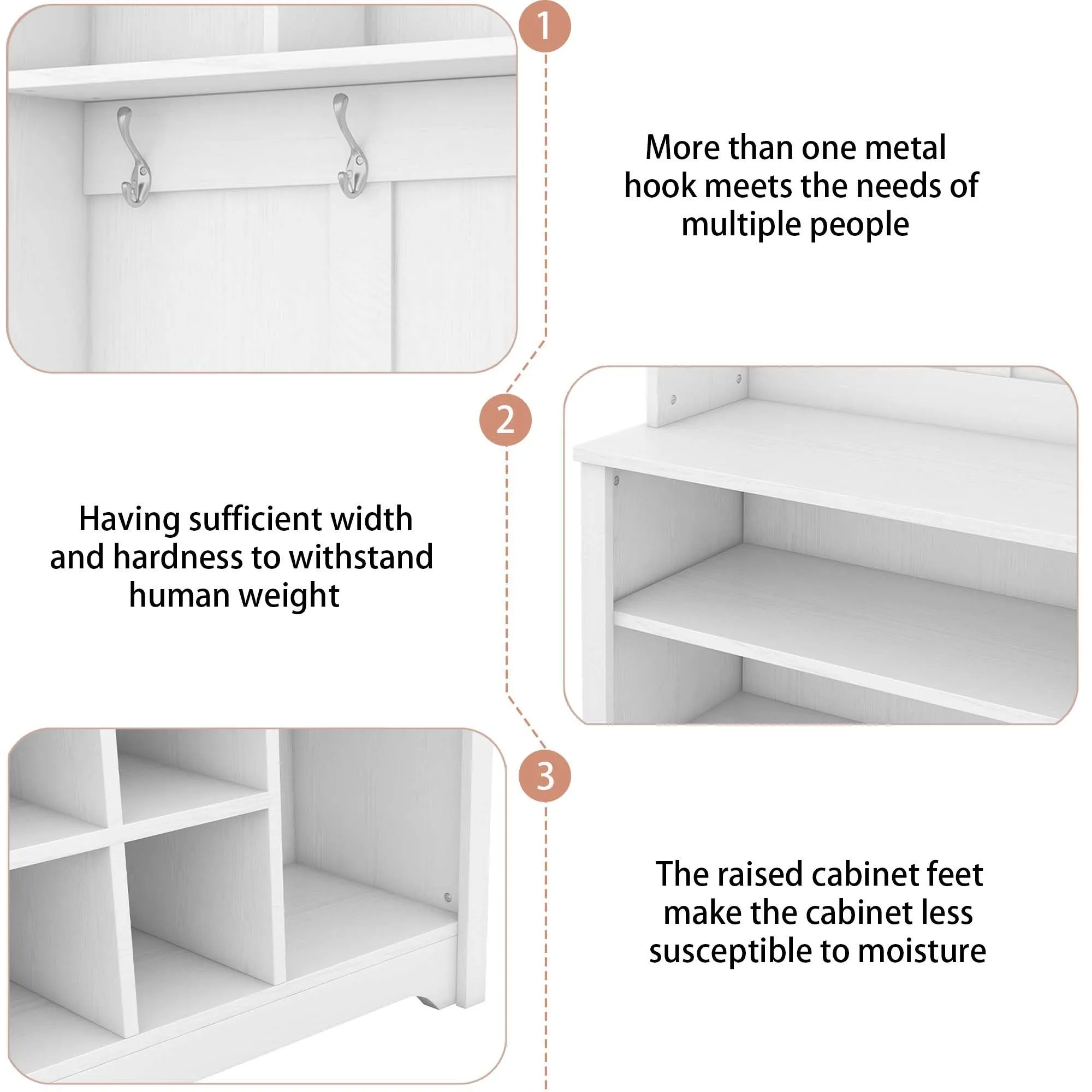 White Multi-Functional Hall Tree: Metal Hooks, Storage, Shoe Cubbies