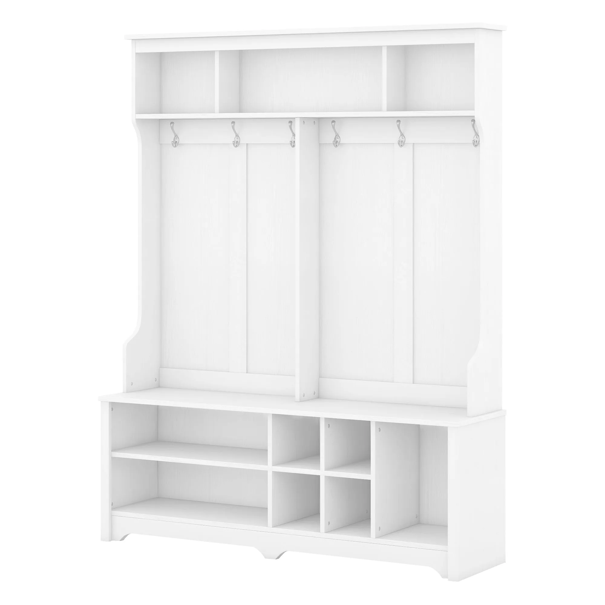 White Multi-Functional Hall Tree: Metal Hooks, Storage, Shoe Cubbies