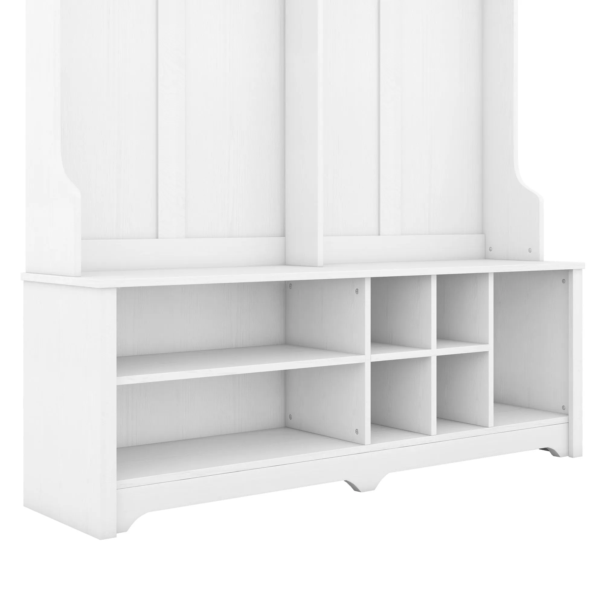 White Multi-Functional Hall Tree: Metal Hooks, Storage, Shoe Cubbies