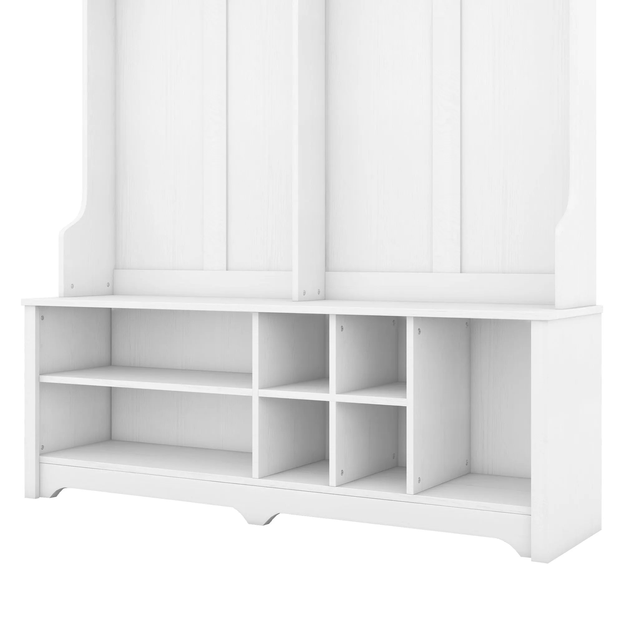 White Multi-Functional Hall Tree: Metal Hooks, Storage, Shoe Cubbies