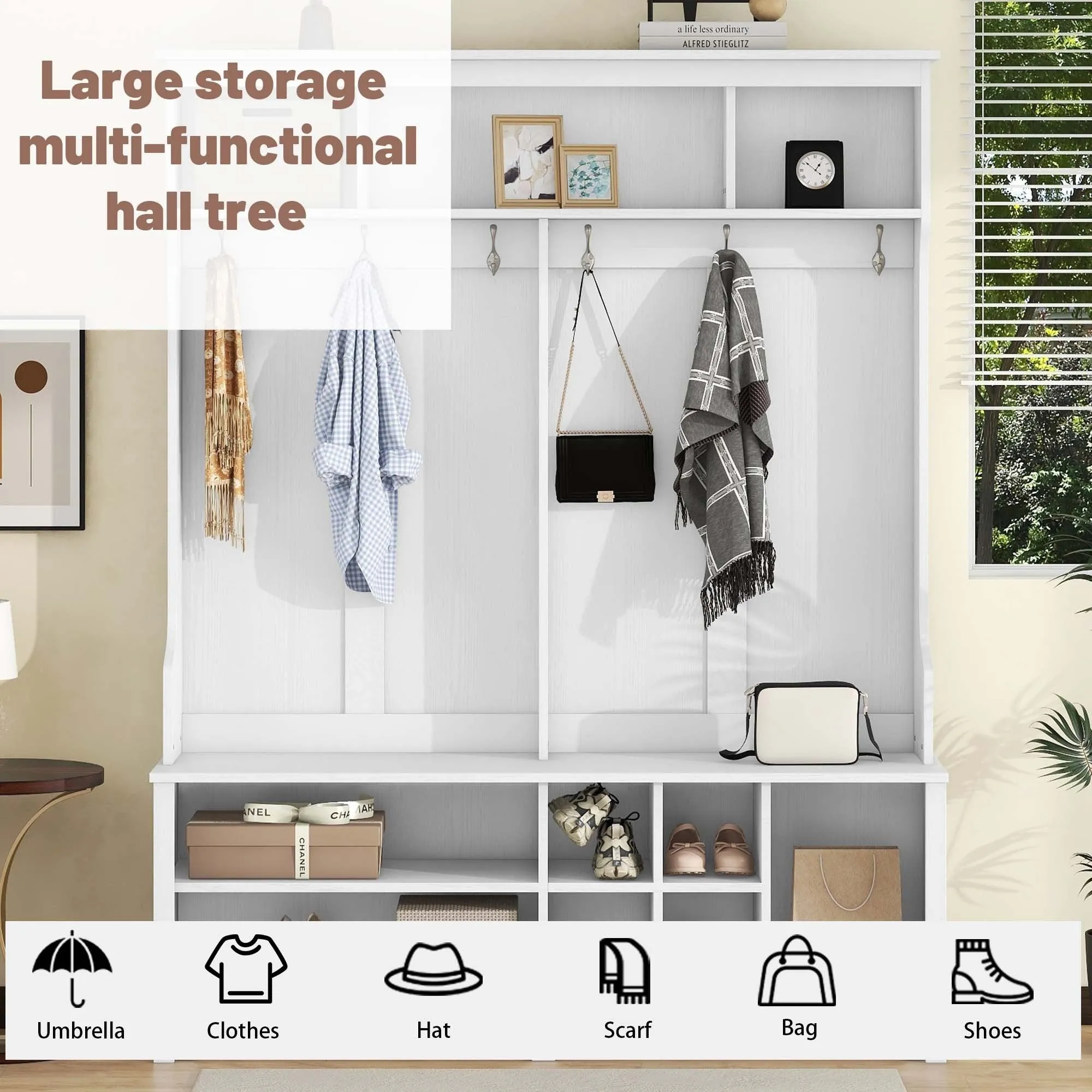 White Multi-Functional Hall Tree: Metal Hooks, Storage, Shoe Cubbies