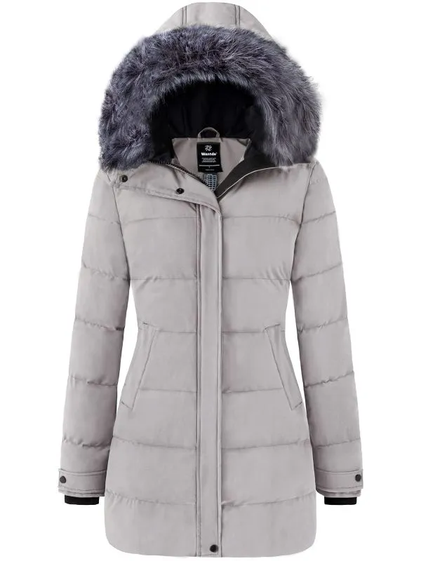 Women's Long Quilted Winter Coat Thicken Puffer Jacket with Faux Fur E39