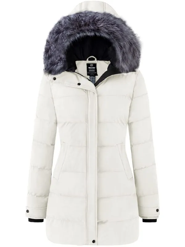 Women's Long Quilted Winter Coat Thicken Puffer Jacket with Faux Fur E39